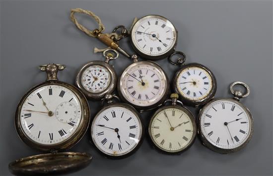 A George III silver hunter pocket watch by Fearn, Strand, London, movement a.f., and seven assorted later fob watches